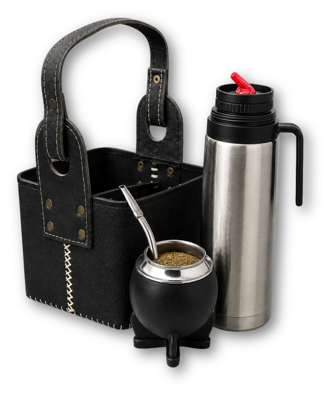Conjunto matero Selva Matera con matera negra, termo de acero, mate y bombilla